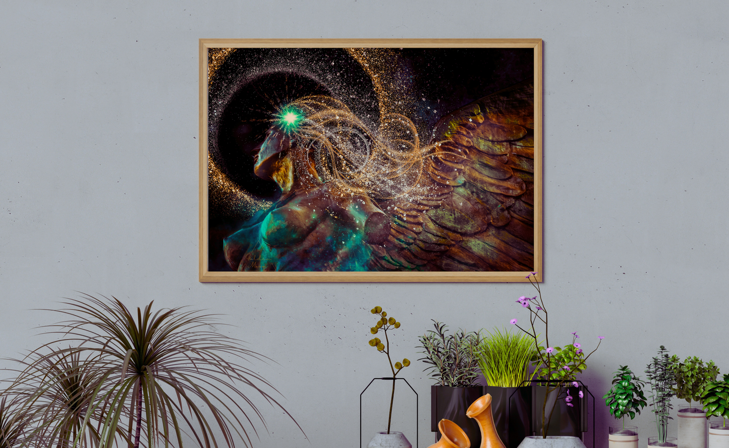 Liberty Celestial Angel Art Print – Mythical Ethereal Wall Decor, Cosmic Bronze & Gold Wings, Limited Edition